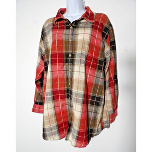 Krazy Kat Woman Plaid Shirt Red Beige 18/20 Cotton Classic Lagenlook